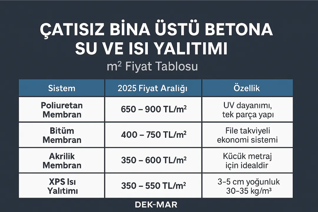 Çatısız bina üstü beton su ve ısı yalıtımı m2 fiyat tablosu – poliüretan, bitüm, akrilik, XPS – 2025 Dek-Mar
