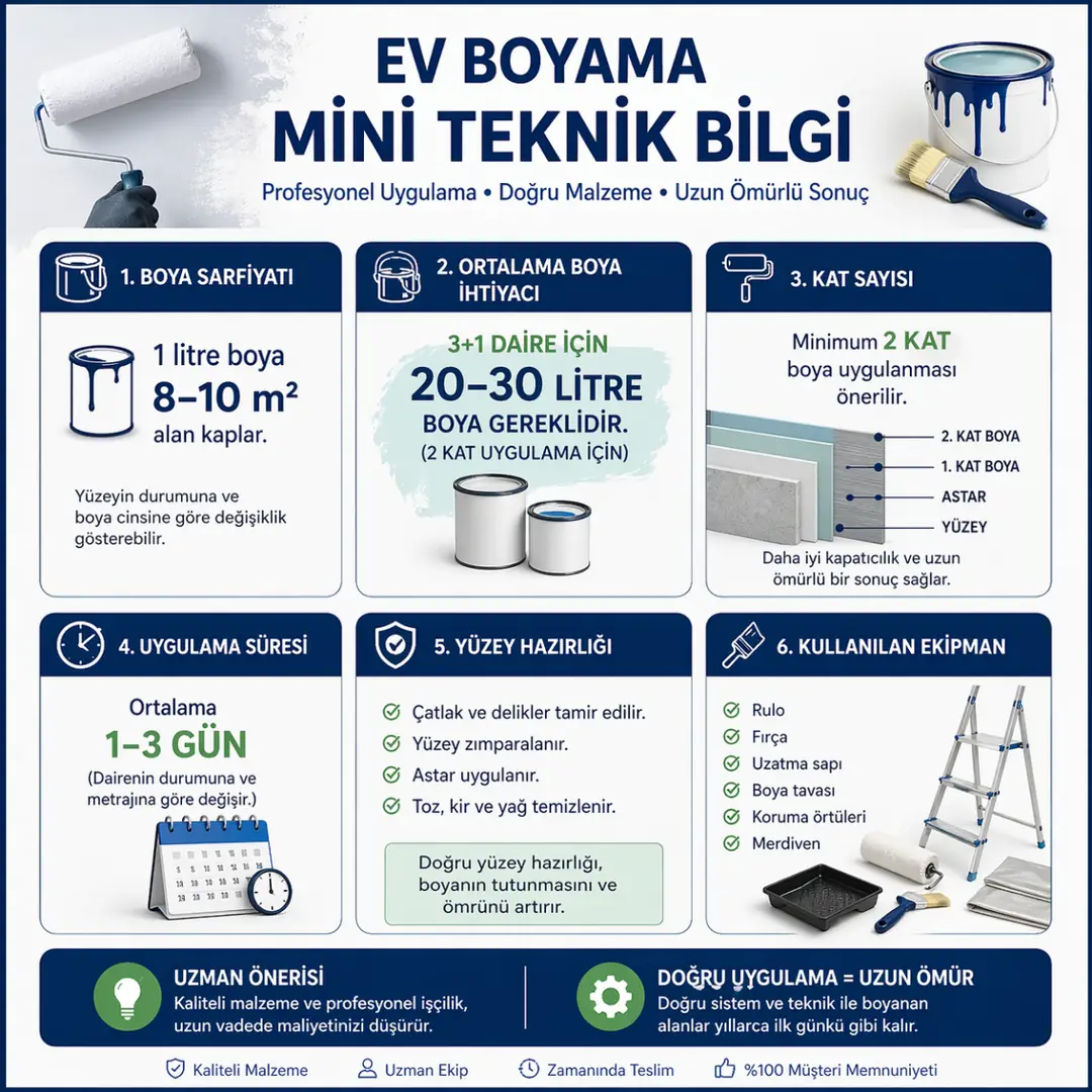Ev boyama teknik bilgileri boya sarfiyatı kat sayısı uygulama süresi&nbsp;