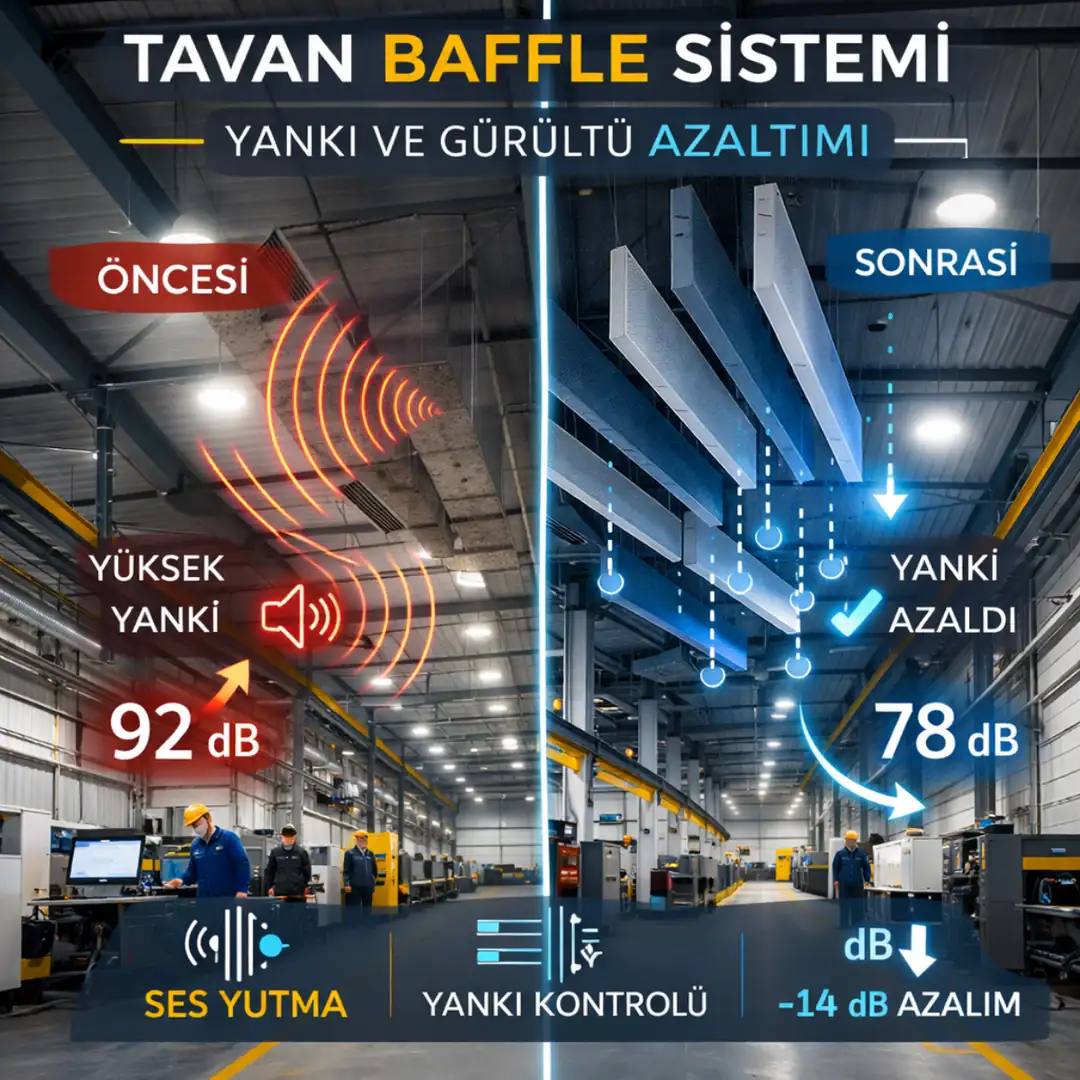 Yüksek tavanlı fabrikada yankı azaltan akustik baffle panel uygulaması