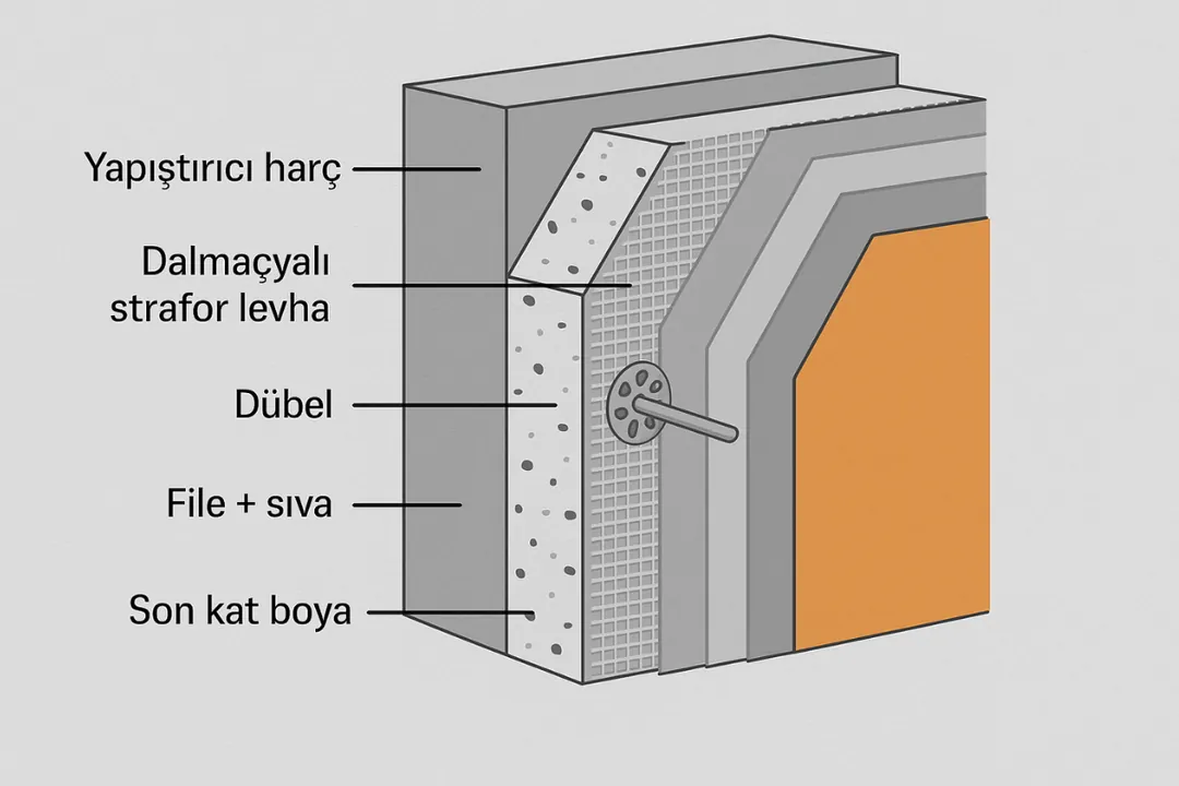 Dalmaçyalı strafor mantolama teknik kesit: yapıştırıcı, levha, dübel, file, sıva ve boya katmanları.