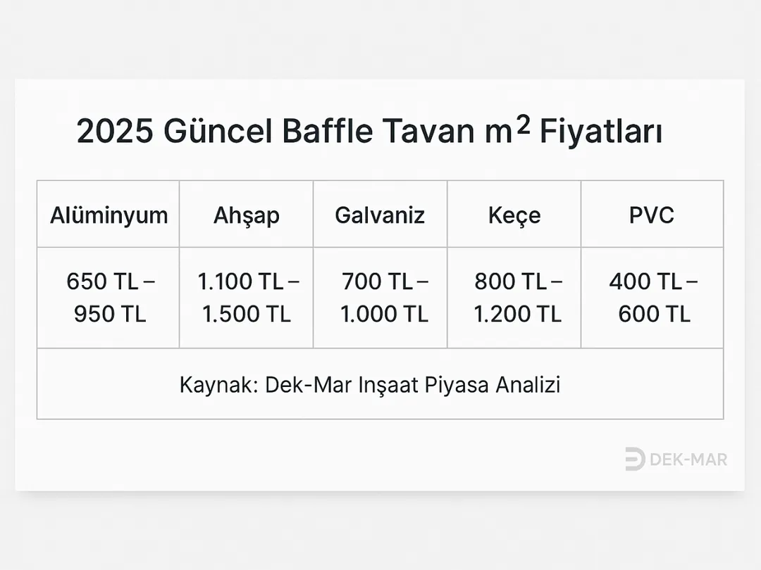 2025 baffle tavan m2 fiyat tablosu – alüminyum, ahşap ve galvaniz sistem fiyat karşılaştırması – Dek-Mar