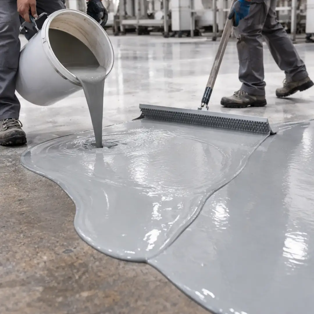 Self leveling epoksi zemine dökülerek kendiliğinden yayılan uygulama süreci&nbsp;