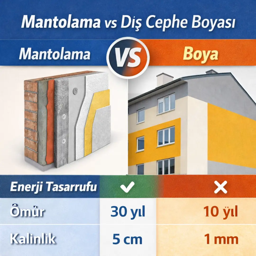 mantolama ve dış cephe boyası farkları karşılaştırma infografik