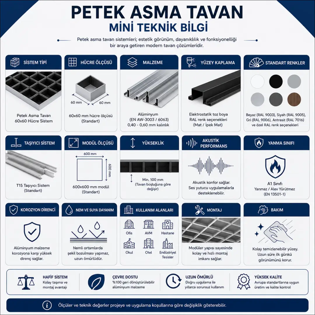 Petek asma tavanda en çok tercih edilen T15 sistem ve 60x60 panel özellikleri&nbsp;