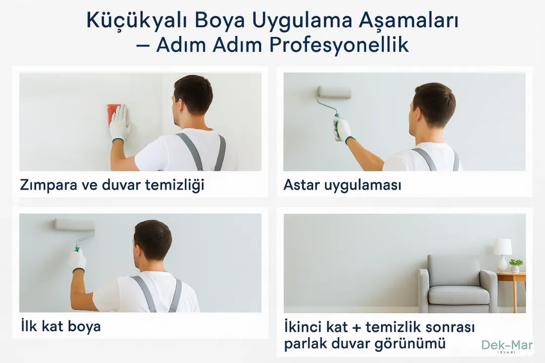 Küçükyalı boyacı uygulama aşamaları – yüzey hazırlığı, astar, iki kat boya ve final görünümü.