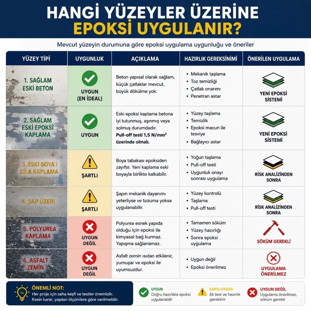 Eski yüzeyler üzerine epoksi uygulama uygunluk tablosu&nbsp;