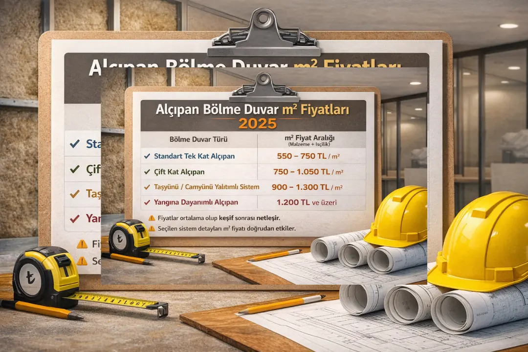 Alçıpan bölme duvar m2 fiyatları 2025 – tek kat, çift kat, yalıtımlı ve yangına dayanımlı sistemlerin fiyat aralıklarını gösteren tablo&nbsp;