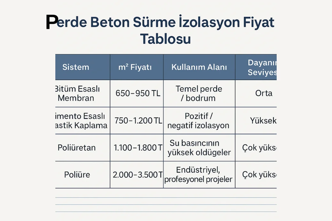 Perde beton sürme izolasyon fiyat tablosu – bitüm, çimento esaslı, poliüretan, poliüre karşılaştırmalı fiyat – 2025