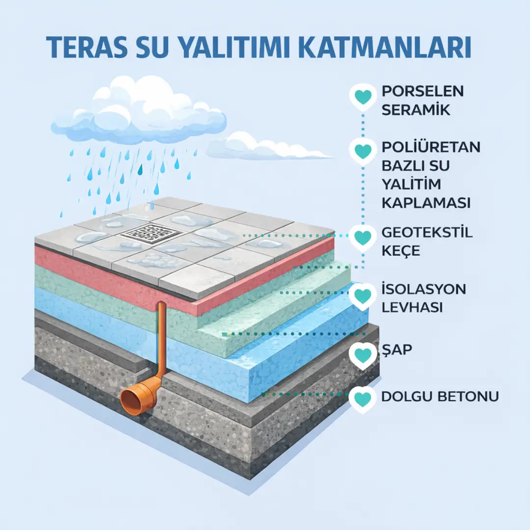 Teras su yalıtım sistemi katmanları gösteren teknik şema: beton, astar, izolasyon membranı ve kaplama katmanı&nbsp;