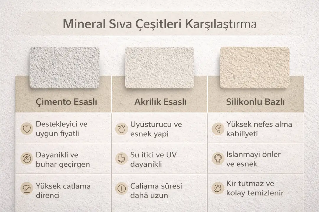 Mineral sıva çeşitleri karşılaştırması; çimento esaslı, akrilik esaslı ve silikonlu sıvaların özelliklerini gösteren tablo&nbsp;