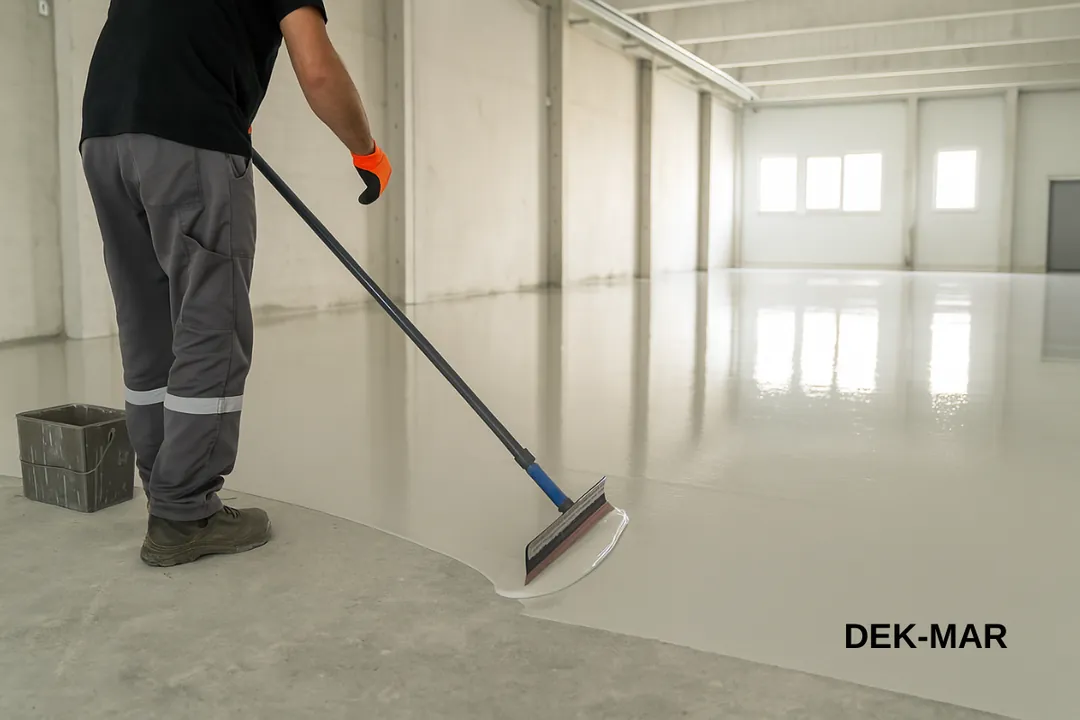 Antalya epoksi kaplama uygulama sahnesi – ustanın self leveling epoksi reçinesini yaydığı gerçek endüstriyel zemin uygulama görseli – Dek-Mar 2025