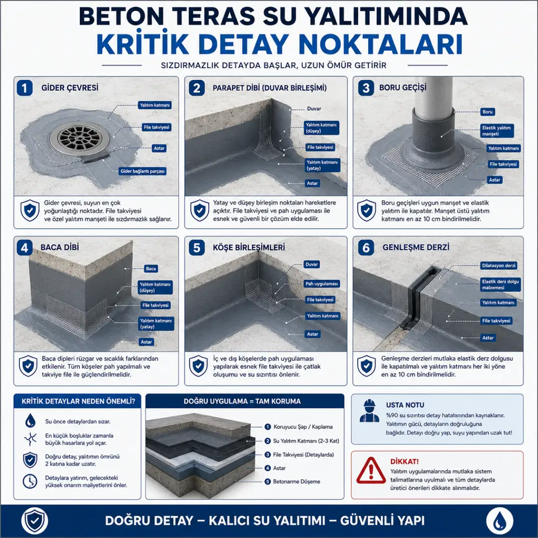 Beton teras su yalıtımında dikkat edilmesi gereken kritik detay noktaları&nbsp;
