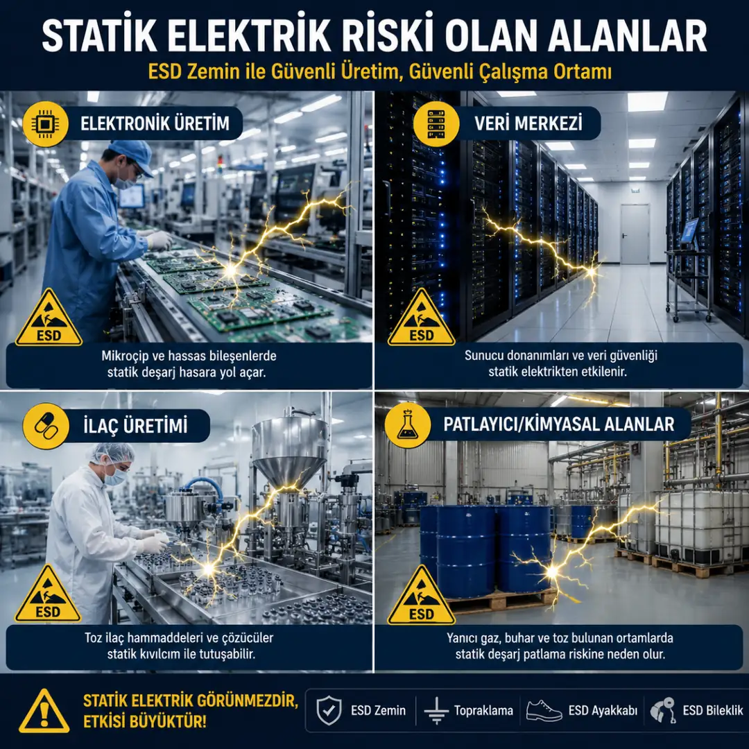 Statik elektrik riski olan elektronik, ilaç ve veri merkezi tesisleri