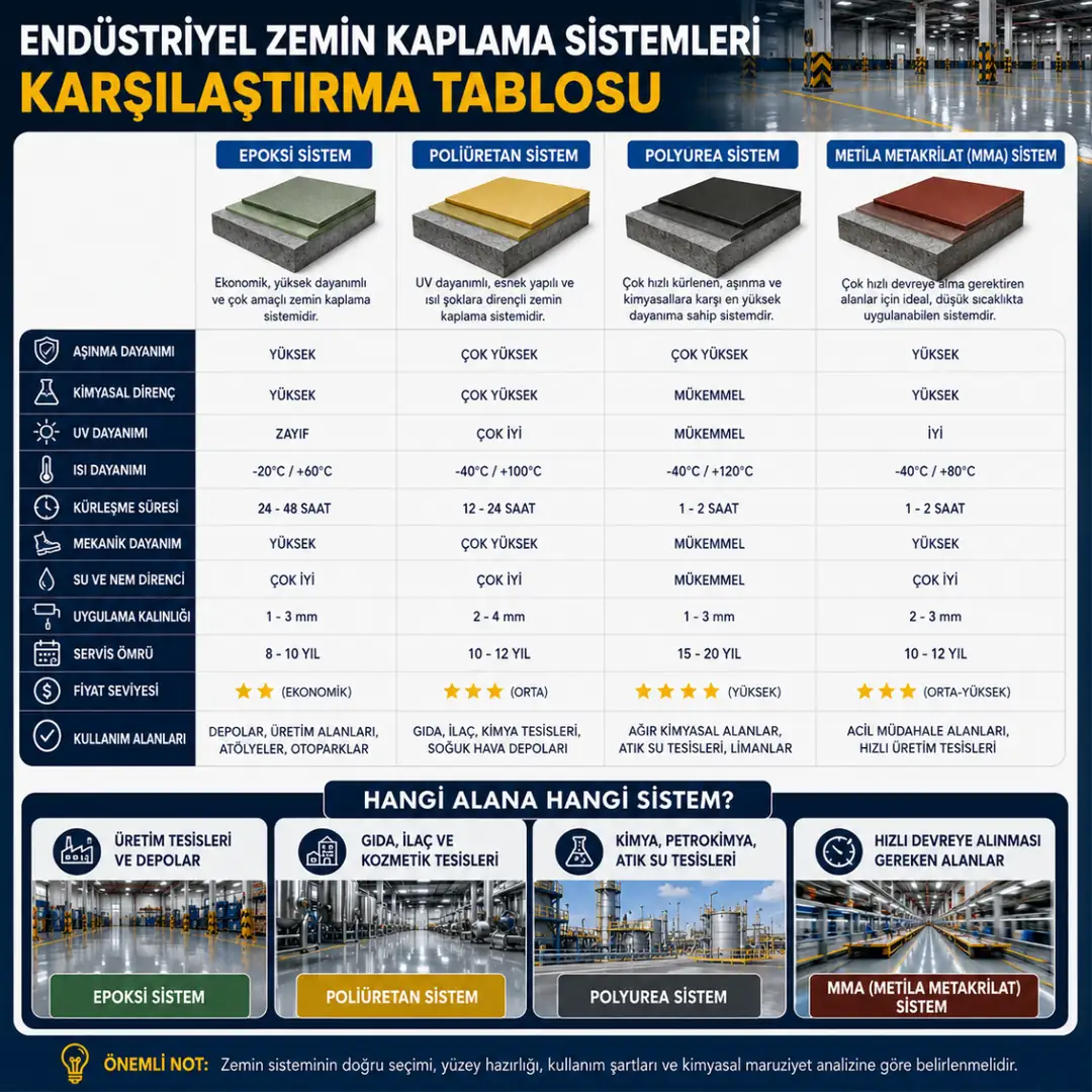 Epoksi poliüretan ve polyurea fabrika zemin kaplama sistemleri karşılaştırması
