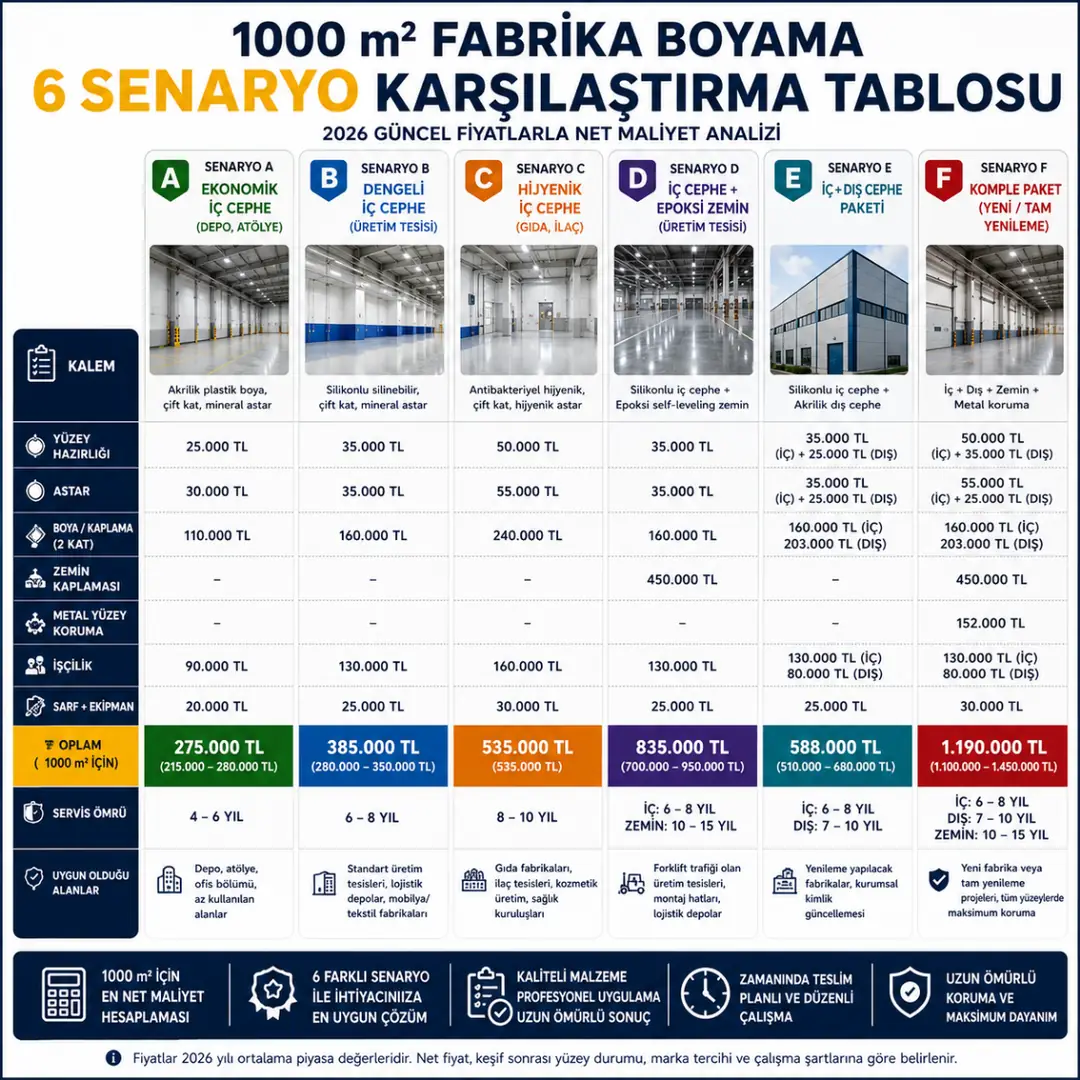 1000 m2 fabrika boyama senaryo karşılaştırma tablosu ekonomik silikonlu hijyenik epoksi komple paket&nbsp;