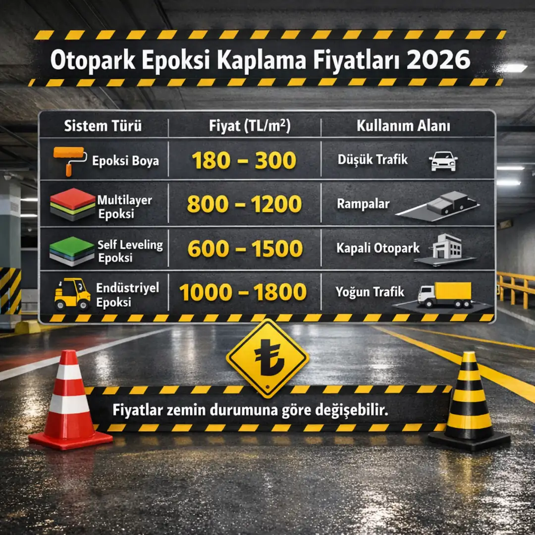 İstanbul otopark epoksi kaplama m2 fiyatları 2026, multilayer epoksi, self leveling ve endüstriyel zemin fiyat karşılaştırması