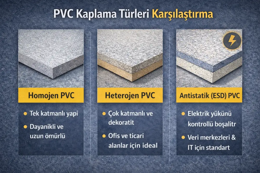 PVC kaplama türleri homojen heterojen antistatik karşılaştırma