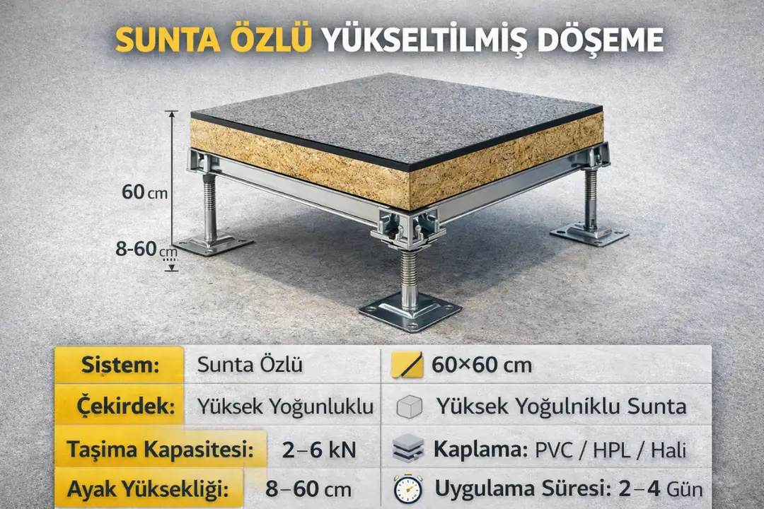 Sunta özlü yükseltilmiş döşeme 60x60 panel ölçü ve teknik oranlar