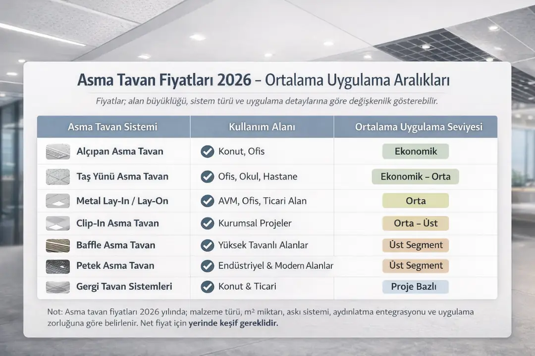 Asma tavan fiyatları 2026 tablo görseli – alçıpan, metal, baffle, petek ve gergi tavan sistemlerine göre uygulama seviyeleri&nbsp;