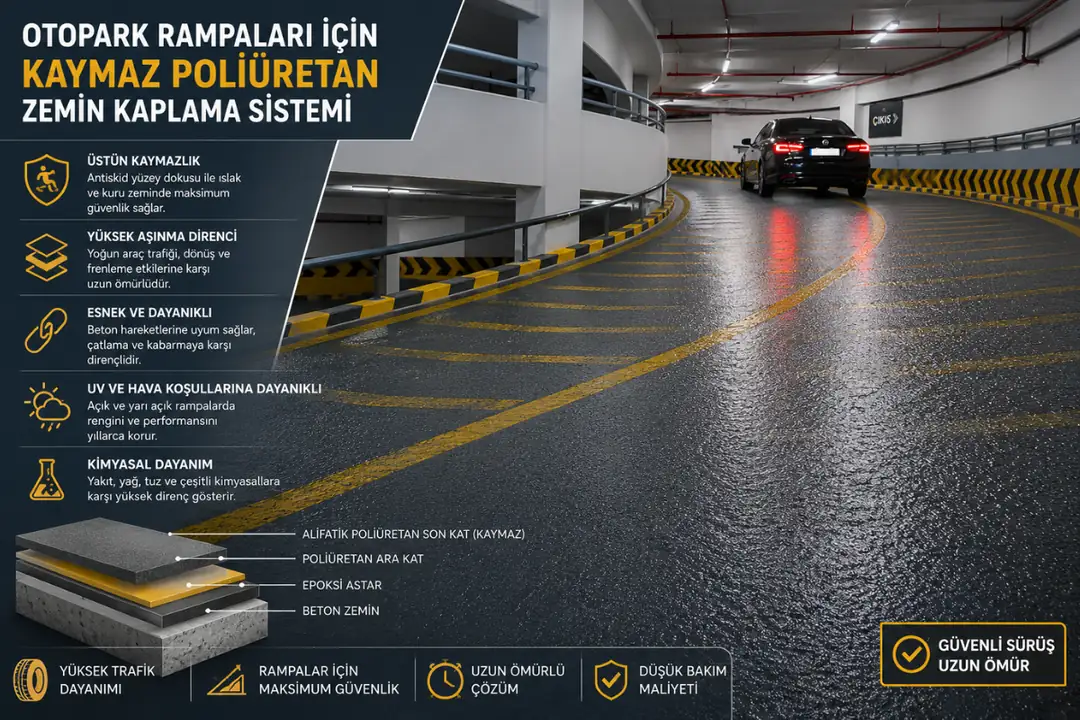Kaymaz poliüretan otopark rampası zemin kaplama uygulaması&nbsp;