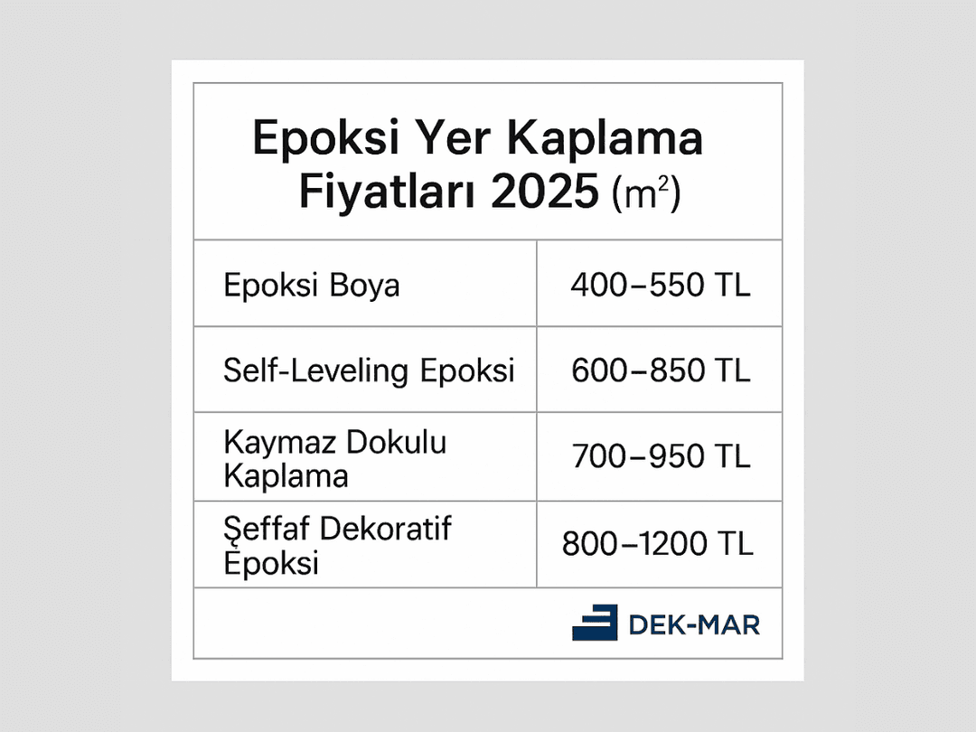 Epoksi yer kaplama fiyat tablosu 2025 – m2 bazında boya, self leveling ve dekoratif sistem maliyetleri – Dek-Mar 