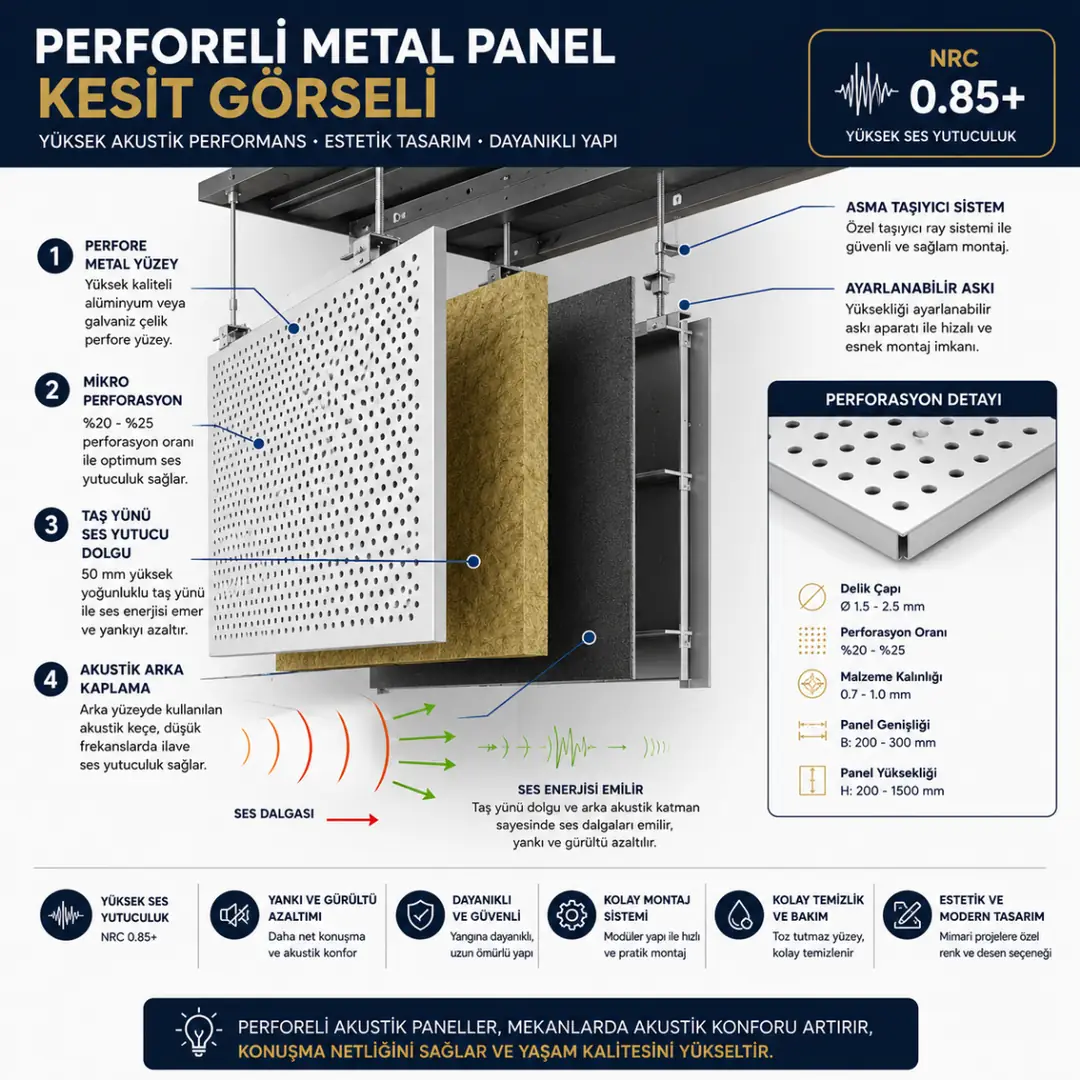 Perforeli akustik baffle panel kesiti ve ses yutucu taş yünü yapısı&nbsp;