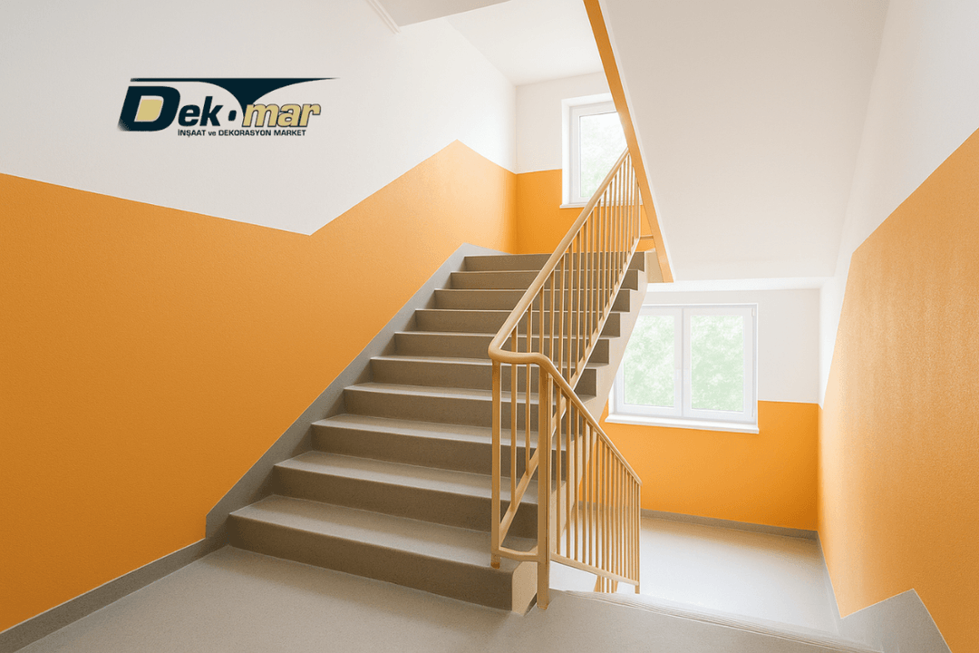 Geniş pencerelerden gelen gün ışığıyla aydınlanmış, turuncu-beyaz renkli boyalı modern apartman merdiveni. 