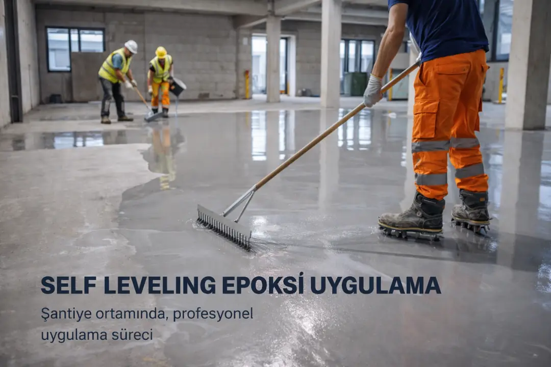 Self leveling epoksi zemin uygulama süreci saha hazırlık taşlama ve kaplama aşamaları&nbsp;