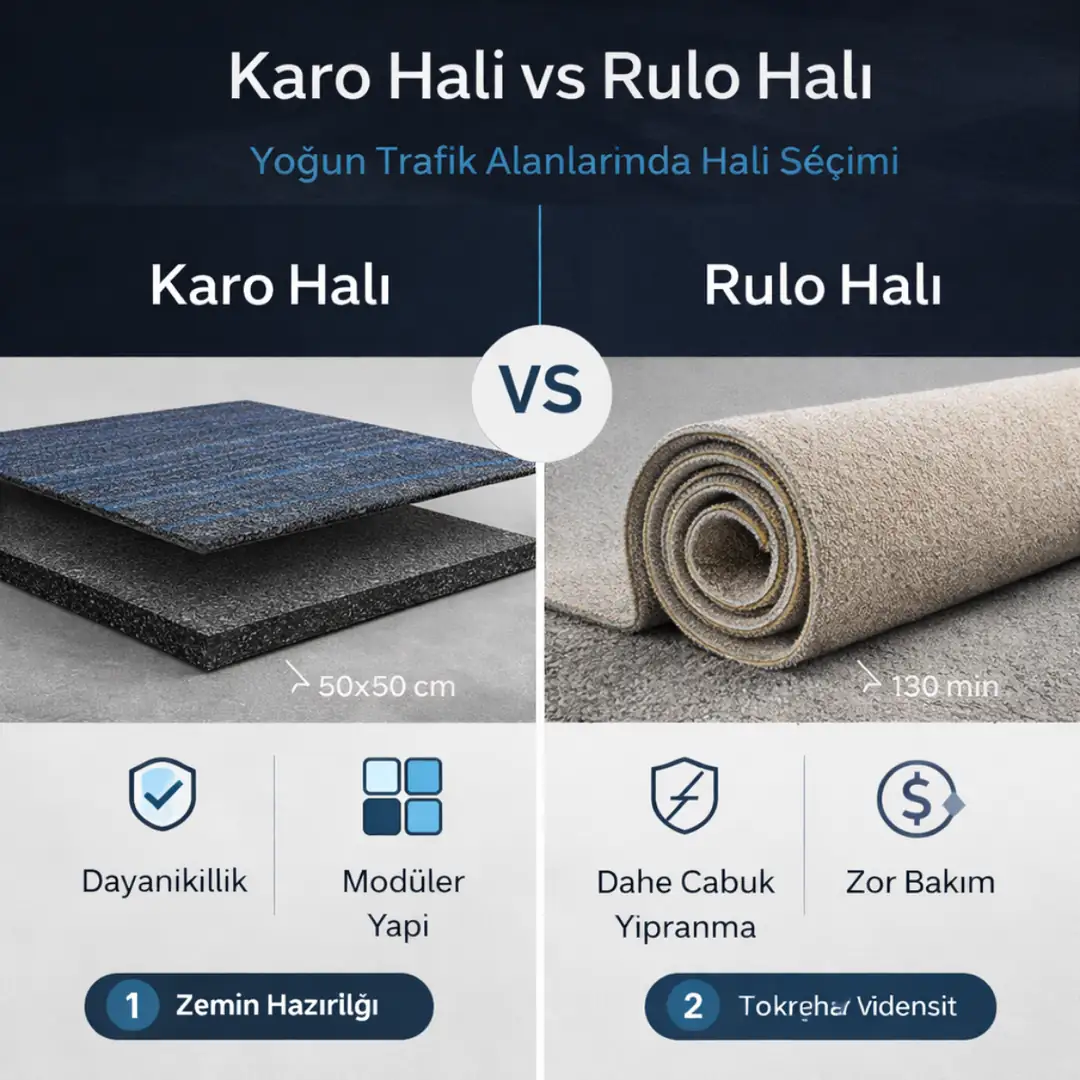 Karo halı ve rulo halı karşılaştırması dayanıklılık, bakım kolaylığı ve kullanım ömrü açısından farkları gösterir&nbsp;
