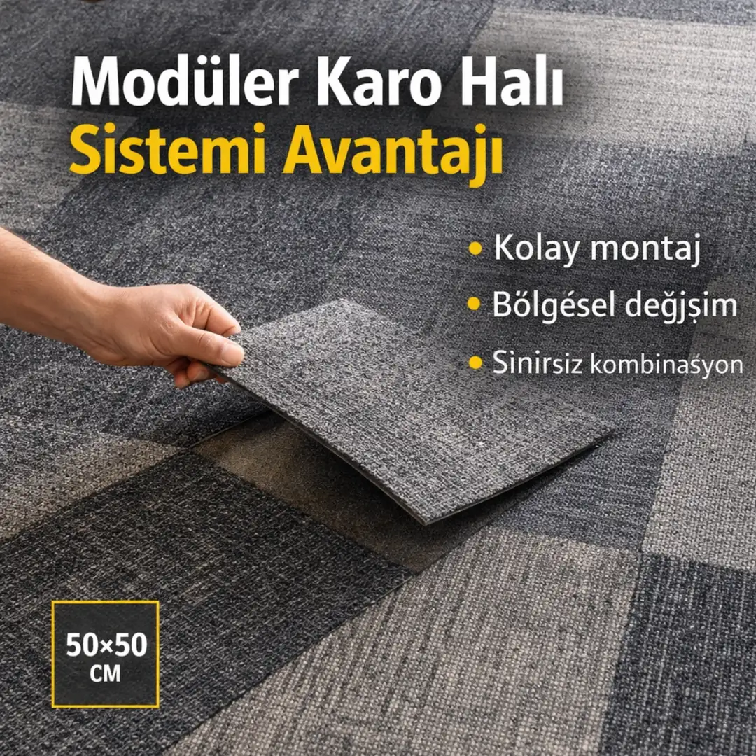 Modüler karo halı sisteminde tek karonun kolayca değiştirilebilmesi&nbsp;