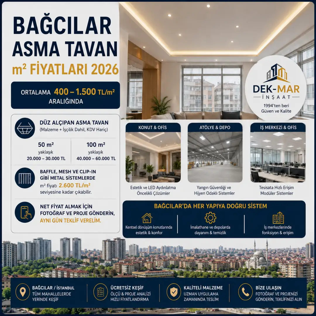 Bağcılar asma tavan m² fiyatları 2026, alçıpan ve metal tavan sistemleri için güncel maliyet ve uygulama bilgileri&nbsp;