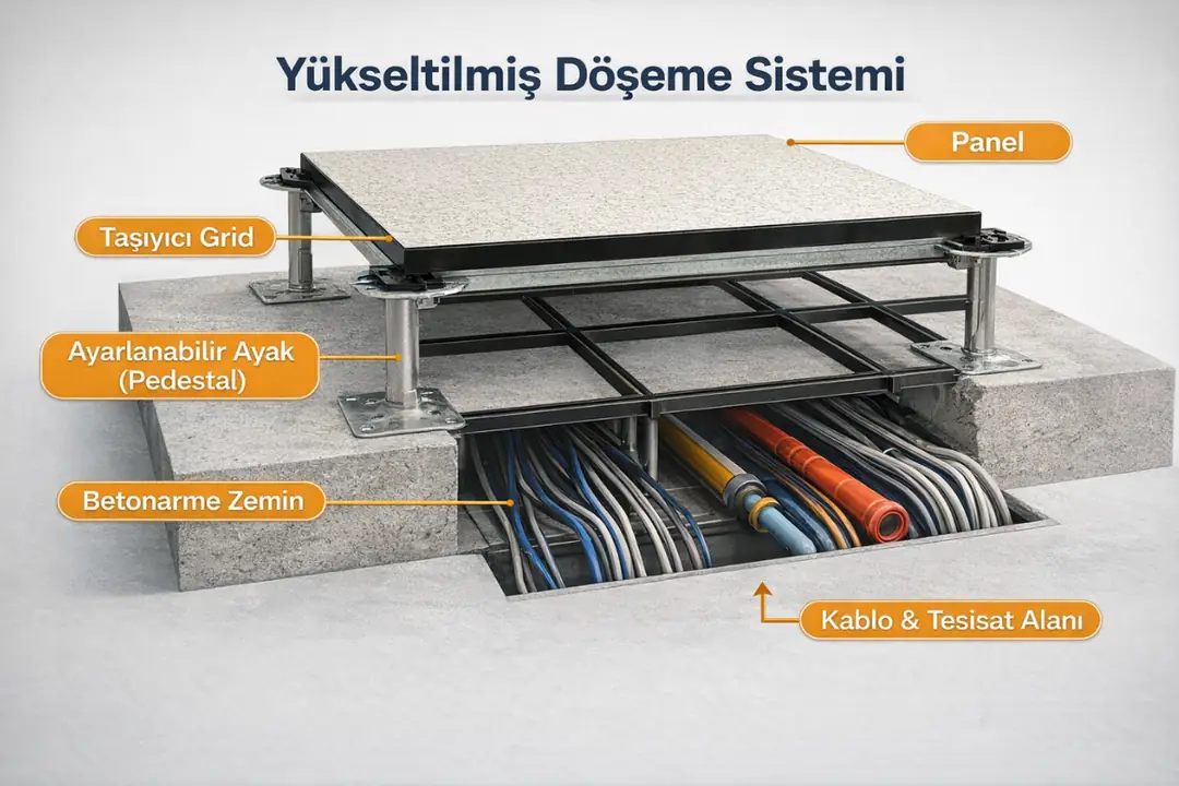 ükseltilmiş döşeme sisteminin kesit ve çalışma prensibi şeması&nbsp;