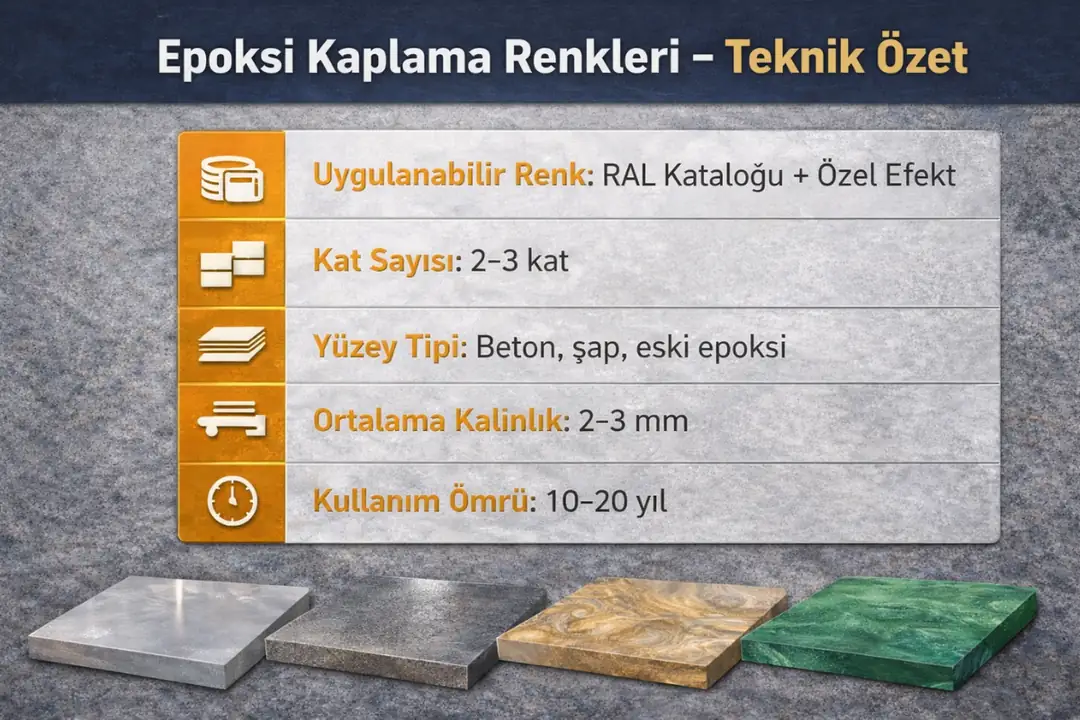 Epoksi kaplama renkleri için teknik bilgiler, kalınlık, kat sayısı ve kullanım ömrü.&nbsp;