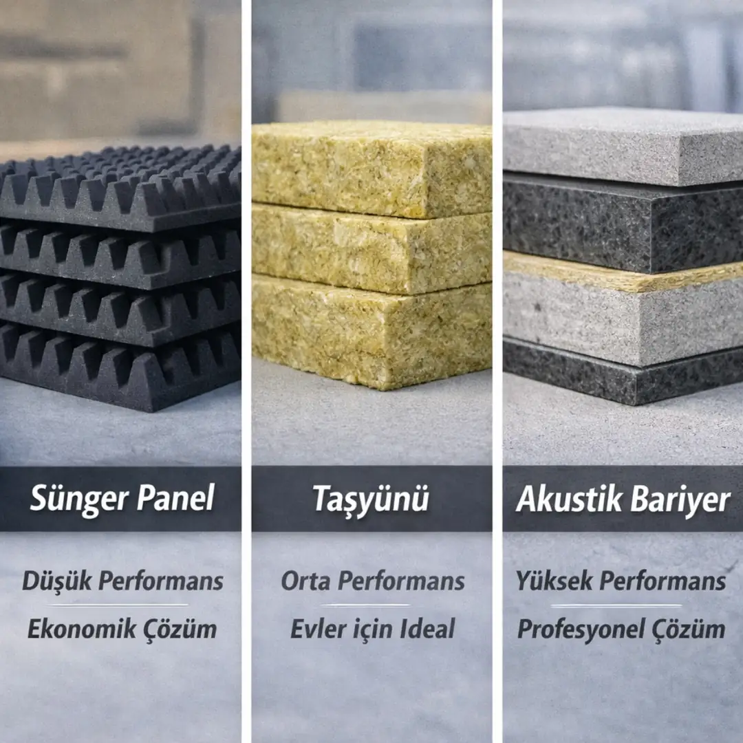 Ses yalıtım malzemeleri karşılaştırması sünger panel taşyünü ve akustik bariyer performans farkları ve kullanım alanları&nbsp;