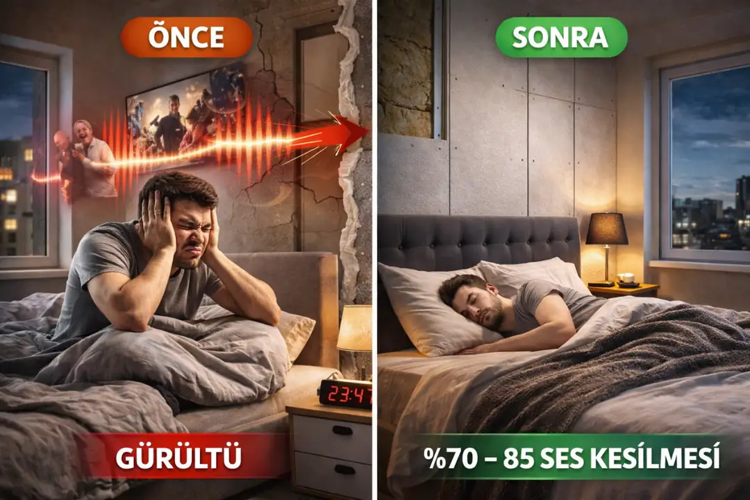 Odaya ses yalıtımı yaptırmadan önce ve sonra gürültü farkını gösteren karşılaştırma görseli