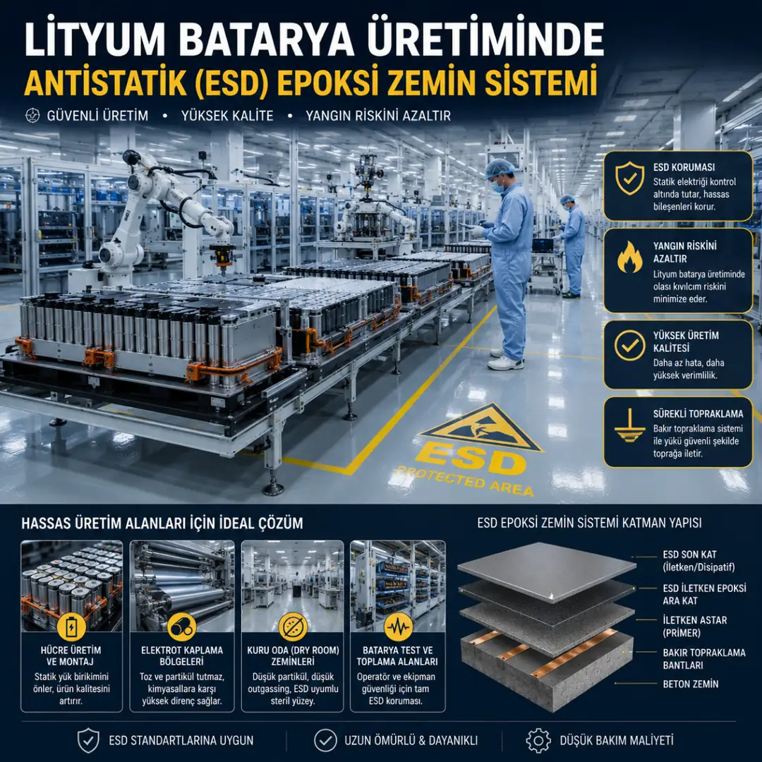 Lityum batarya üretim tesisinde antistatik epoksi zemin sistemi