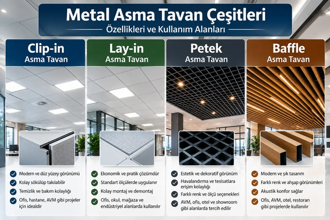 Clip-in, lay-in, petek ve baffle metal asma tavan çeşitlerinin özellikleri, sistem detayları ve kullanım alanlarının karşılaştırılması.