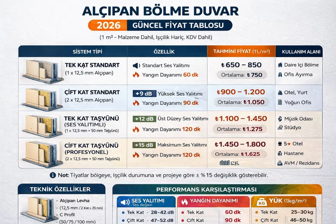 Alçıpan bölme duvar metrekare fiyatları 2026 tek kat çift kat taş yünü sistem güncel fiyat tablosu&nbsp;