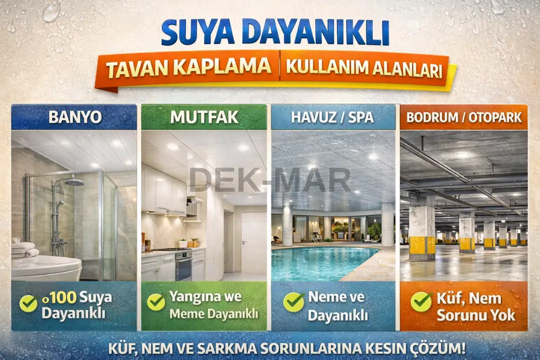Banyo, mutfak, havuz ve bodrum gibi alanlar için suya dayanıklı tavan kaplama uygulamaları.