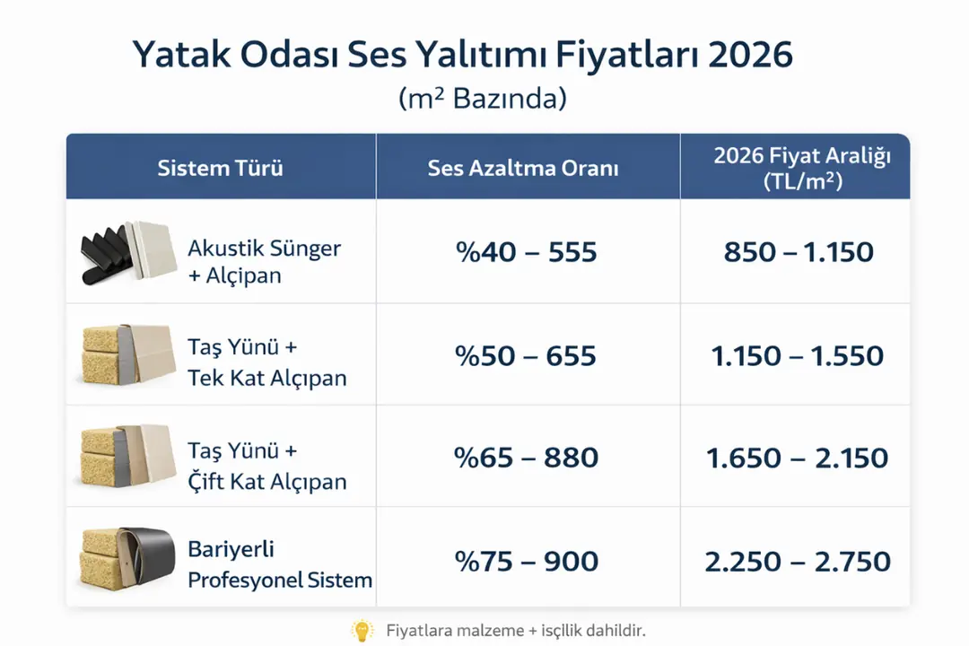 Yatak odası ses yalıtımı fiyatları 2026 m2 bazında
