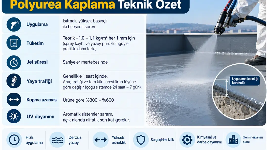 Polyurea kaplamanın tüketim, kuruma süresi, esneklik, UV dayanımı ve uygulama özelliklerini gösteren teknik özet.