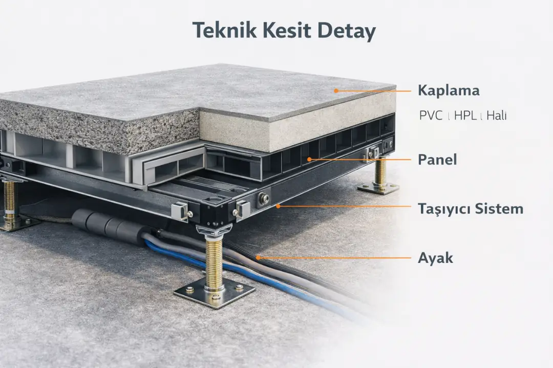 Yükseltilmiş döşeme sisteminin teknik kesit ve ayak yapısı
