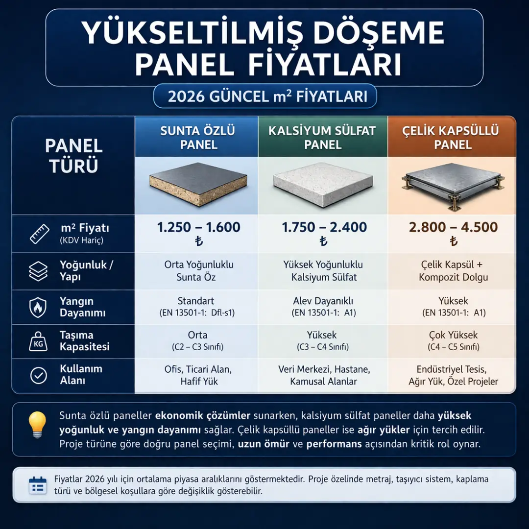 Sunta özlü paneller ekonomik çözümler sunar, kalsiyum sülfat paneller yüksek yoğunluk ve yangın dayanımı sağlar, çelik kapsüllü paneller ise ağır yükler için tercih edilir.