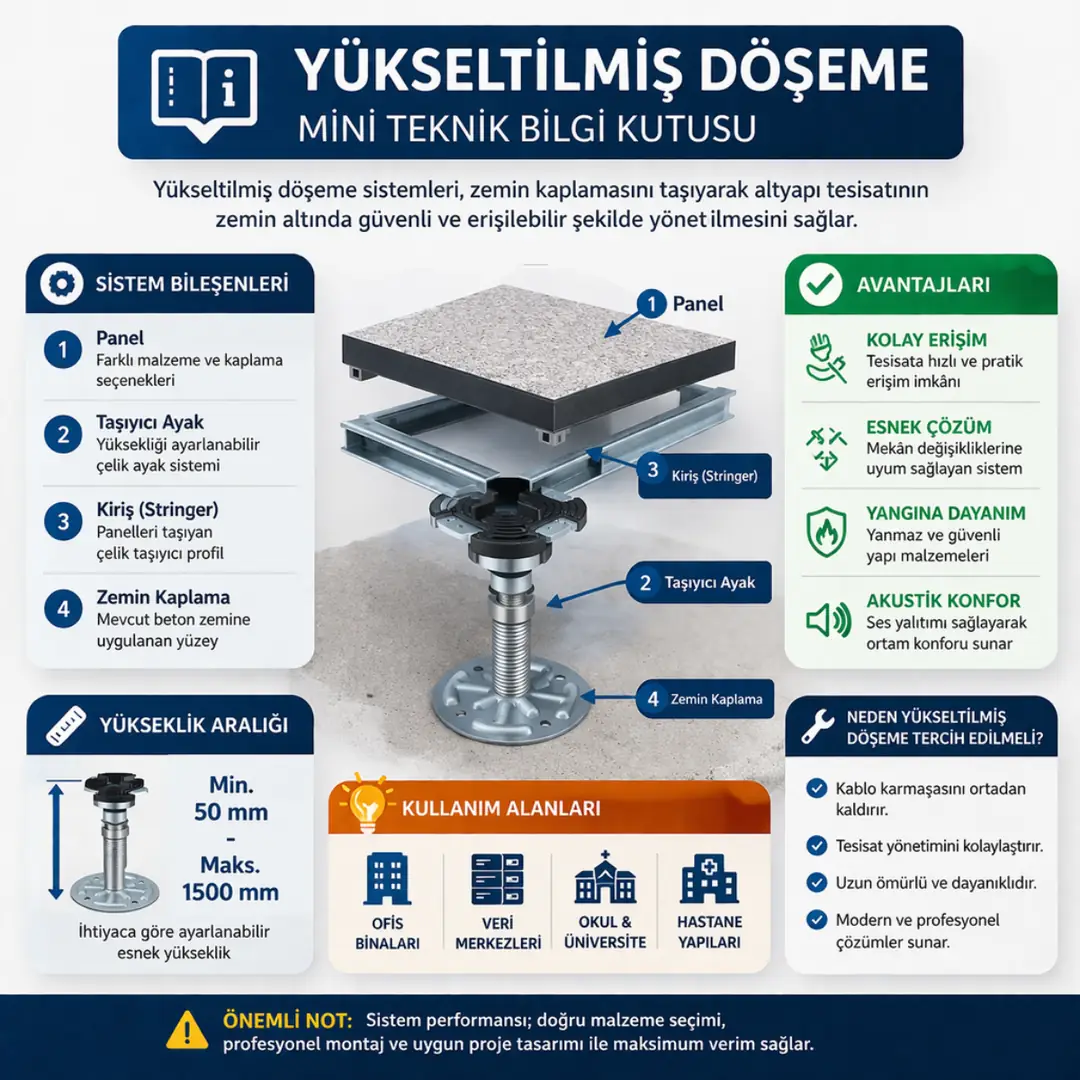yükseltilmiş döşeme sistemi teknik özellikleri panel ölçüsü yük kapasitesi ayarlanabilir ayak ve kullanım alanları infografik