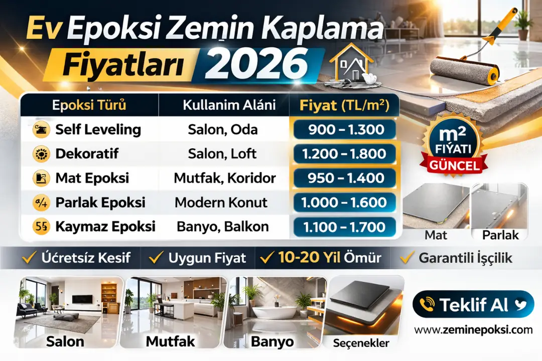 Ev epoksi zemin kaplama fiyat tablosu 2026, self leveling, dekoratif, mat ve kaymaz epoksi m² fiyat karşılaştırması&nbsp;