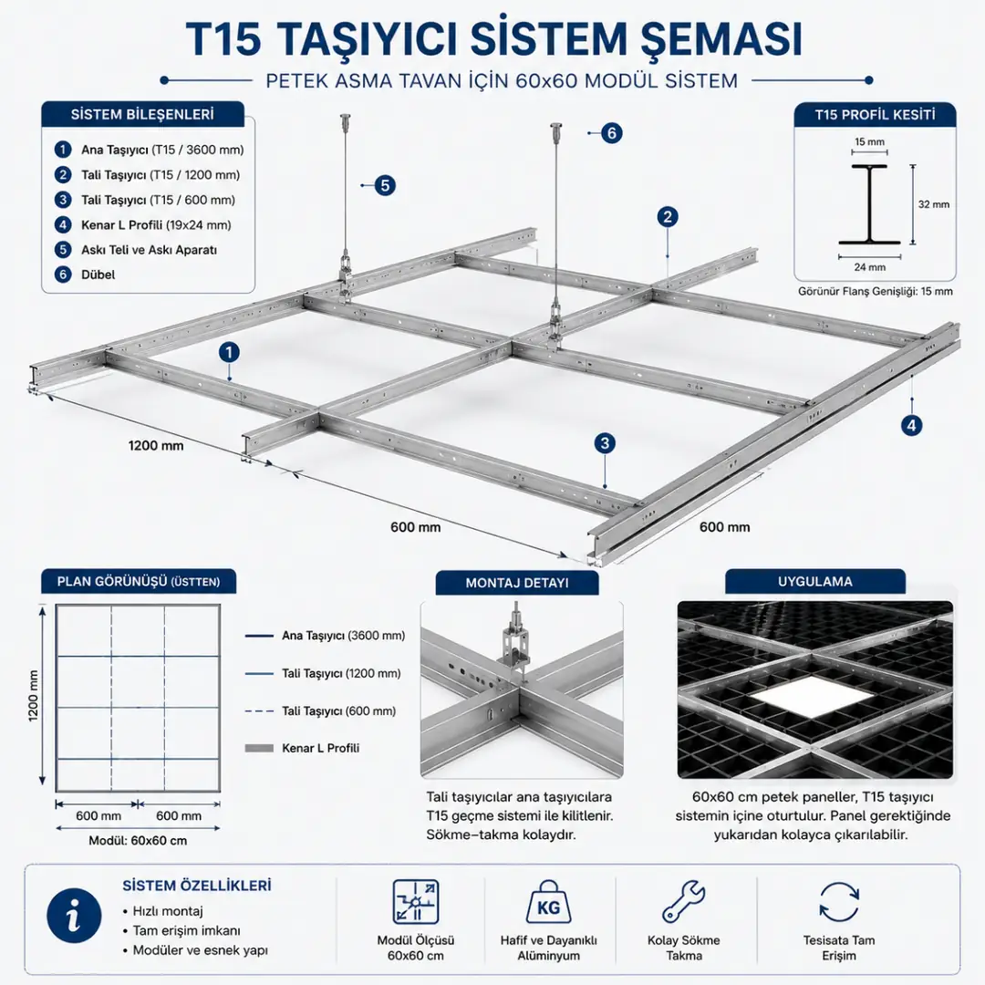 Petek asma tavan için kullanılan T15 taşıyıcı sistem şeması&nbsp;