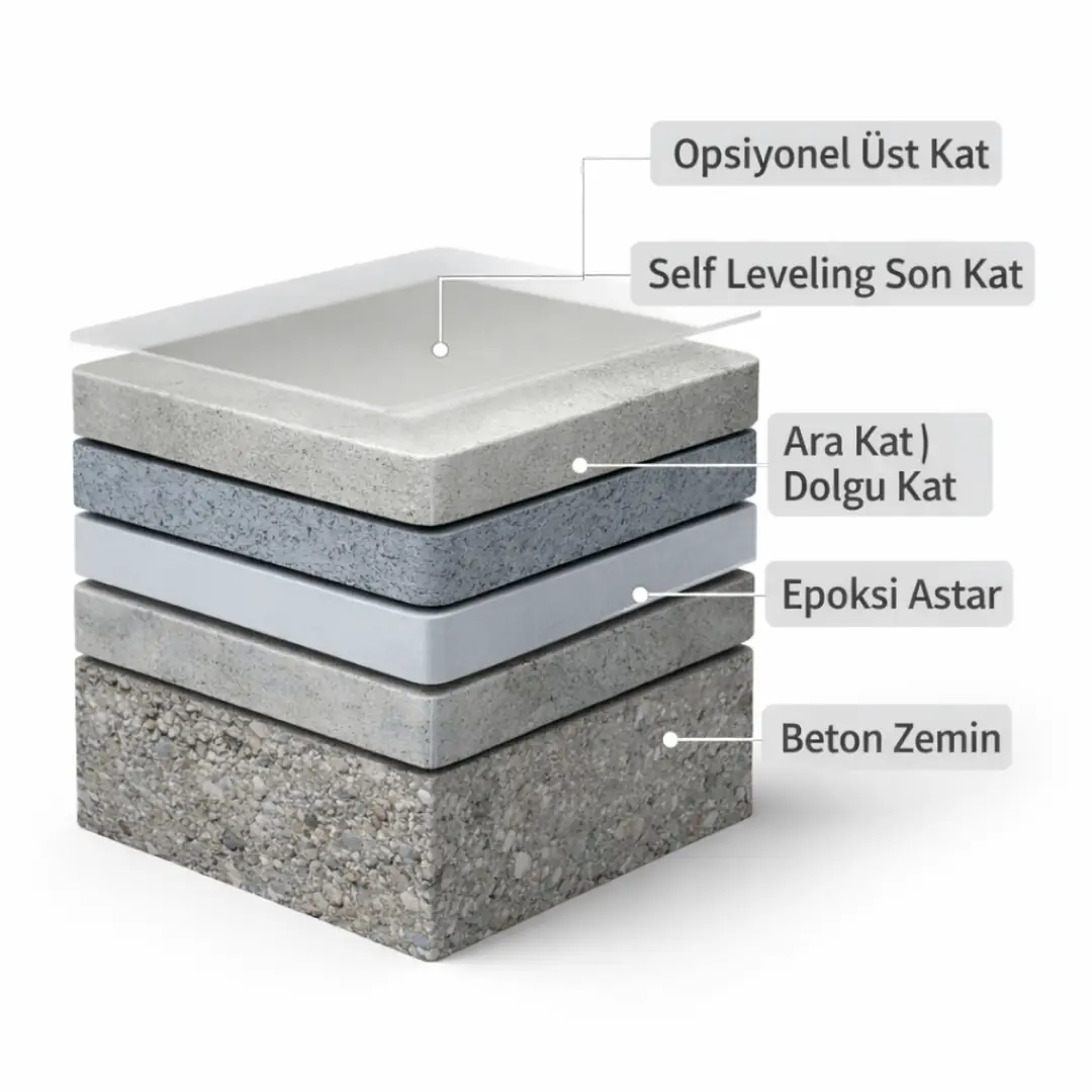 Epoksi zemin kaplama katman kesit şeması, beton üzerine astar, ara kat ve self leveling son kat yapısı