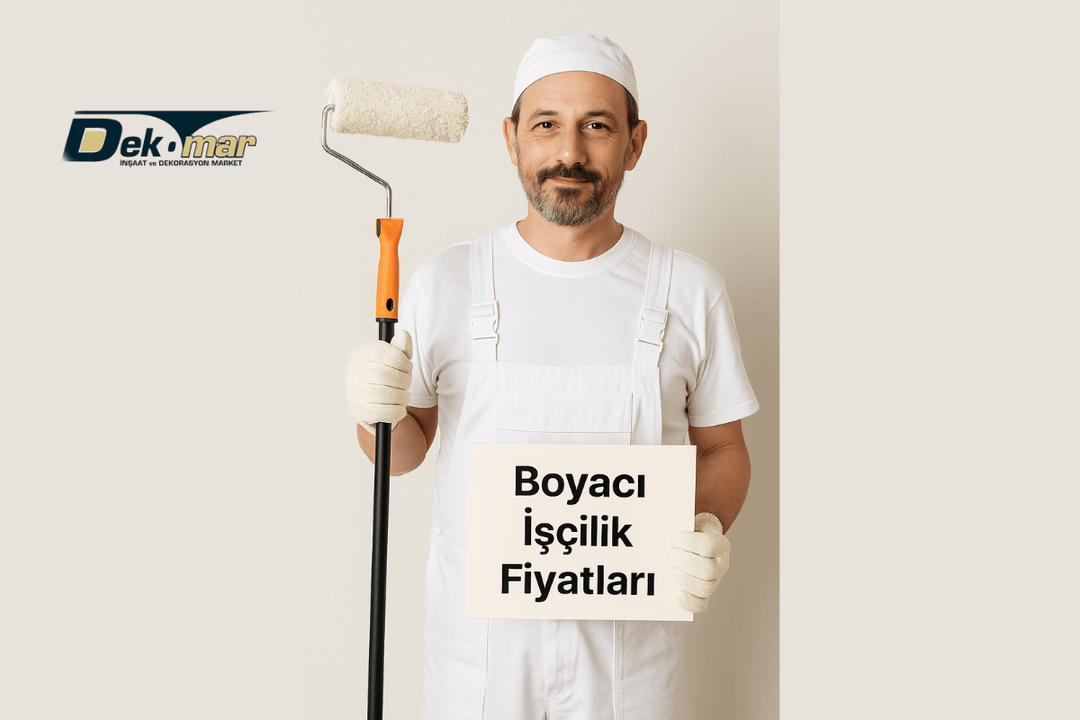 Beyaz tulumlu boyacı usta, elinde boya rulosu ve “Boyacı İşçilik Fiyatları” tabelasıyla stüdyo ortamında poz veriyor. 