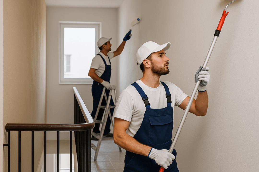 Apartman koridorlarında rulo ile duvar boyama işlemi yapan profesyonel boyacı ekibi.