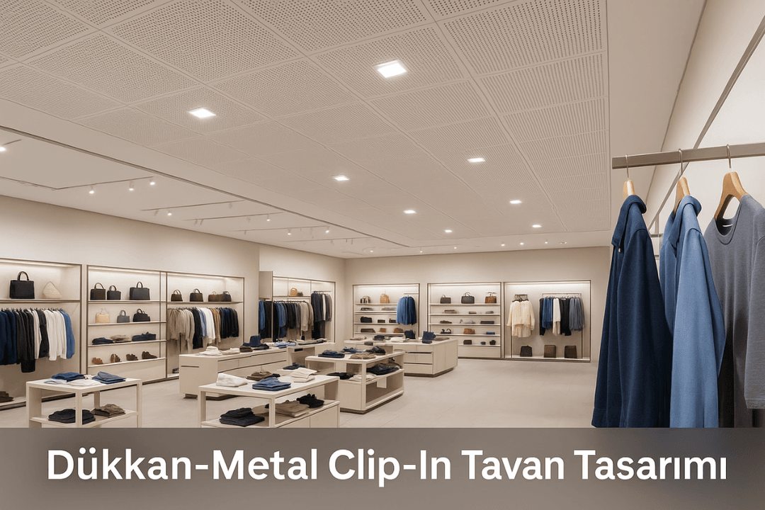 Şık ve pratik metal clip-in tavan çözümüyle tasarlanmış modern mağaza iç dekorasyonu.